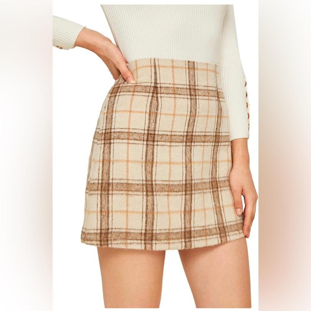 High waisted Plaid Tan Skirt